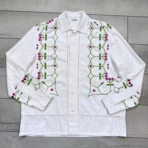 BODE Mens White Embroidered Nouveau Fleur Shirt Size L/XL plain-woven linen Boho
